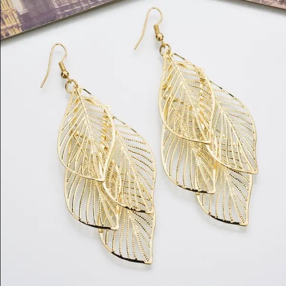 Multi Leaf Pattern Drop Gold Earrings - Picture 3 of 3
